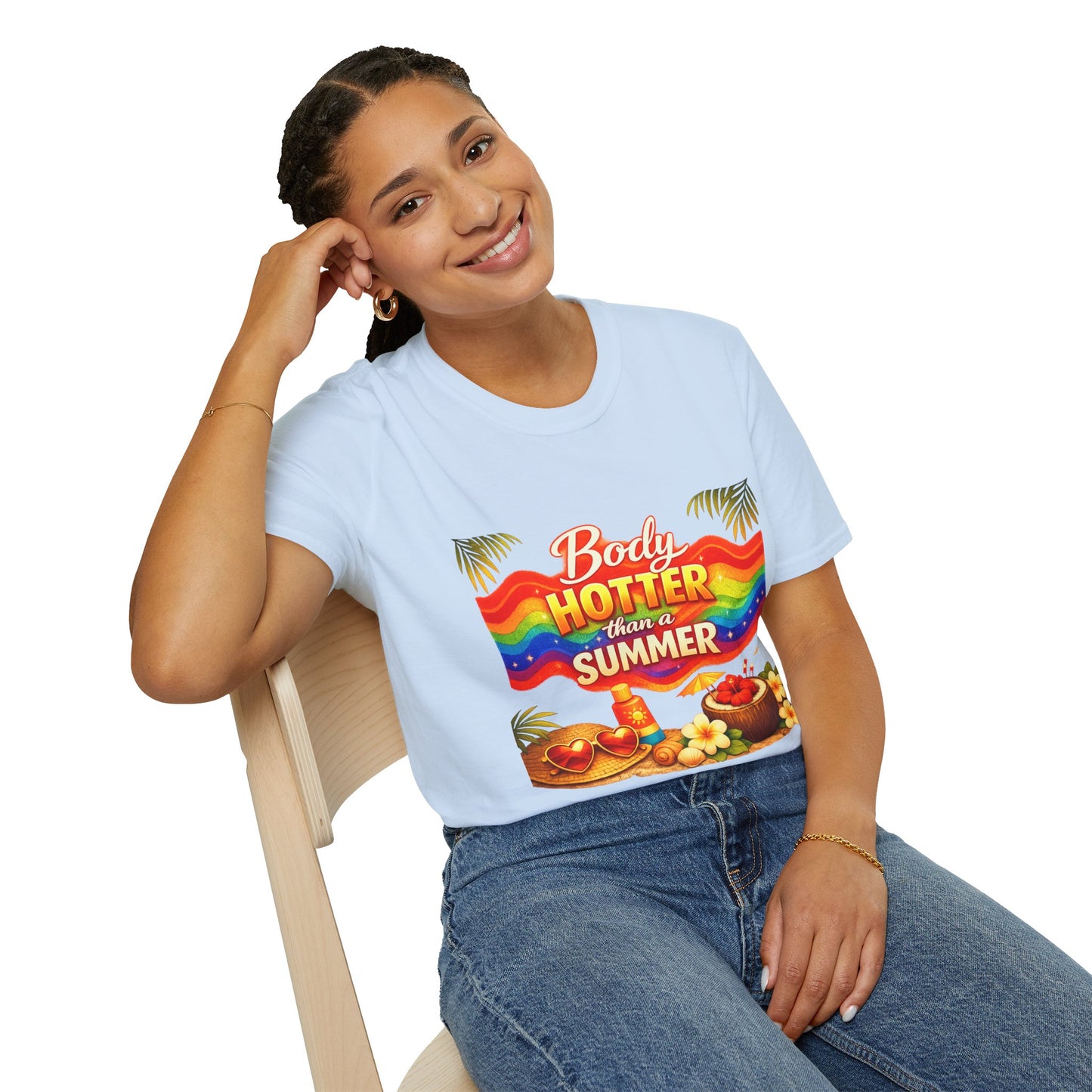 T-Shirt — "Body Hotter Than a Summer" Retro Rainbow Beach Graphic