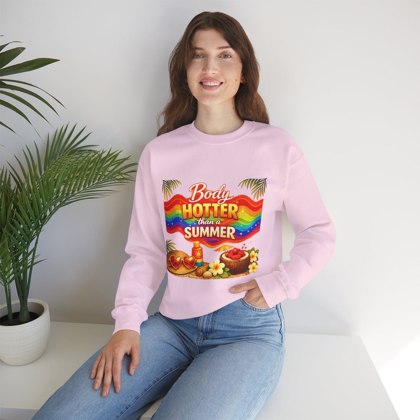 Crewneck Sweatshirt — "Body Hotter Than a Summer" Retro Rainbow Beach Design