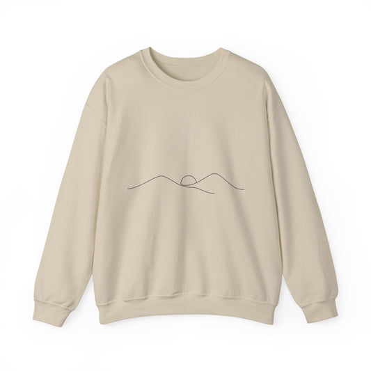 Minimal Sunrise Crewneck Sweatshirt — Simple Line Mountain & Sun Design