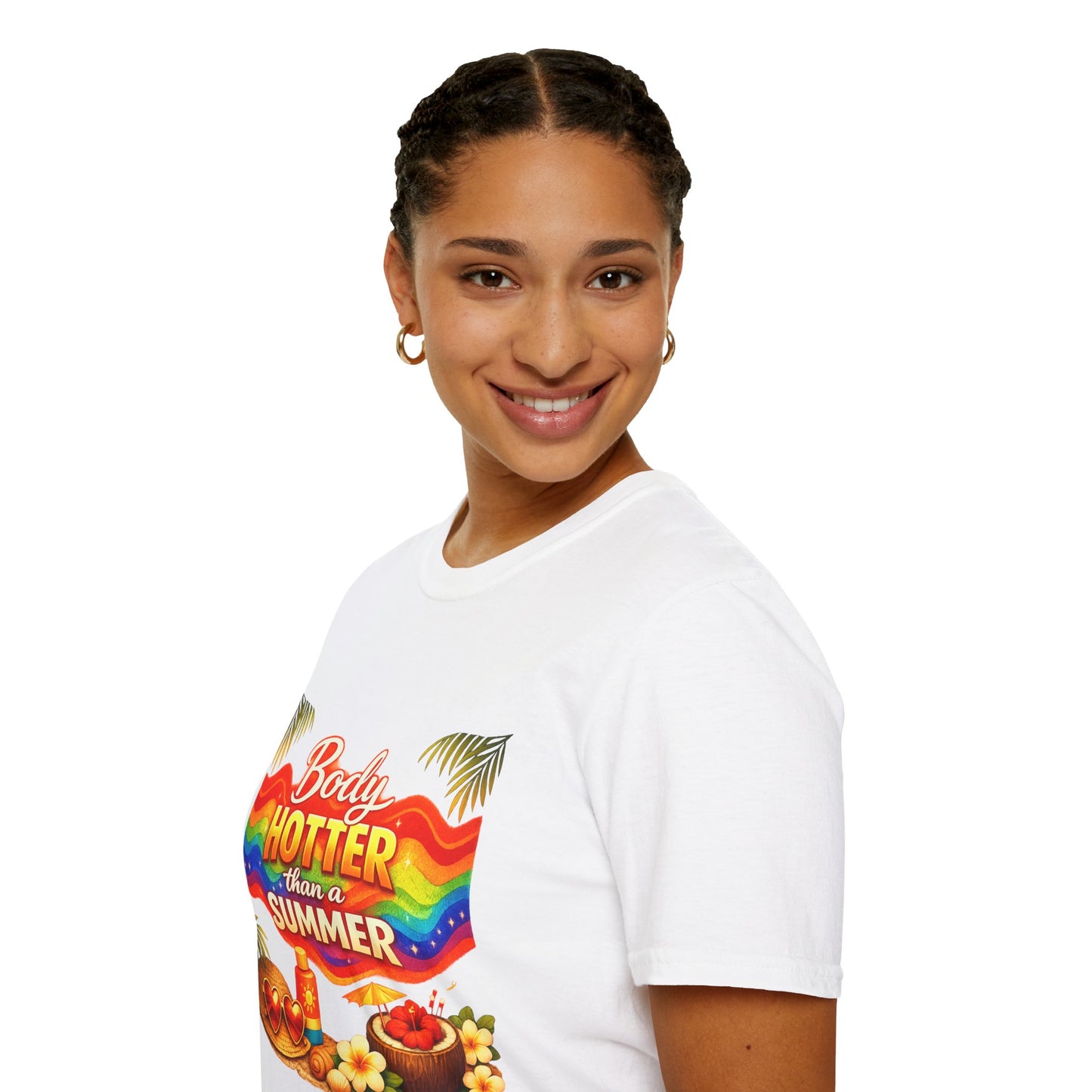 T-Shirt — "Body Hotter Than a Summer" Retro Rainbow Beach Graphic