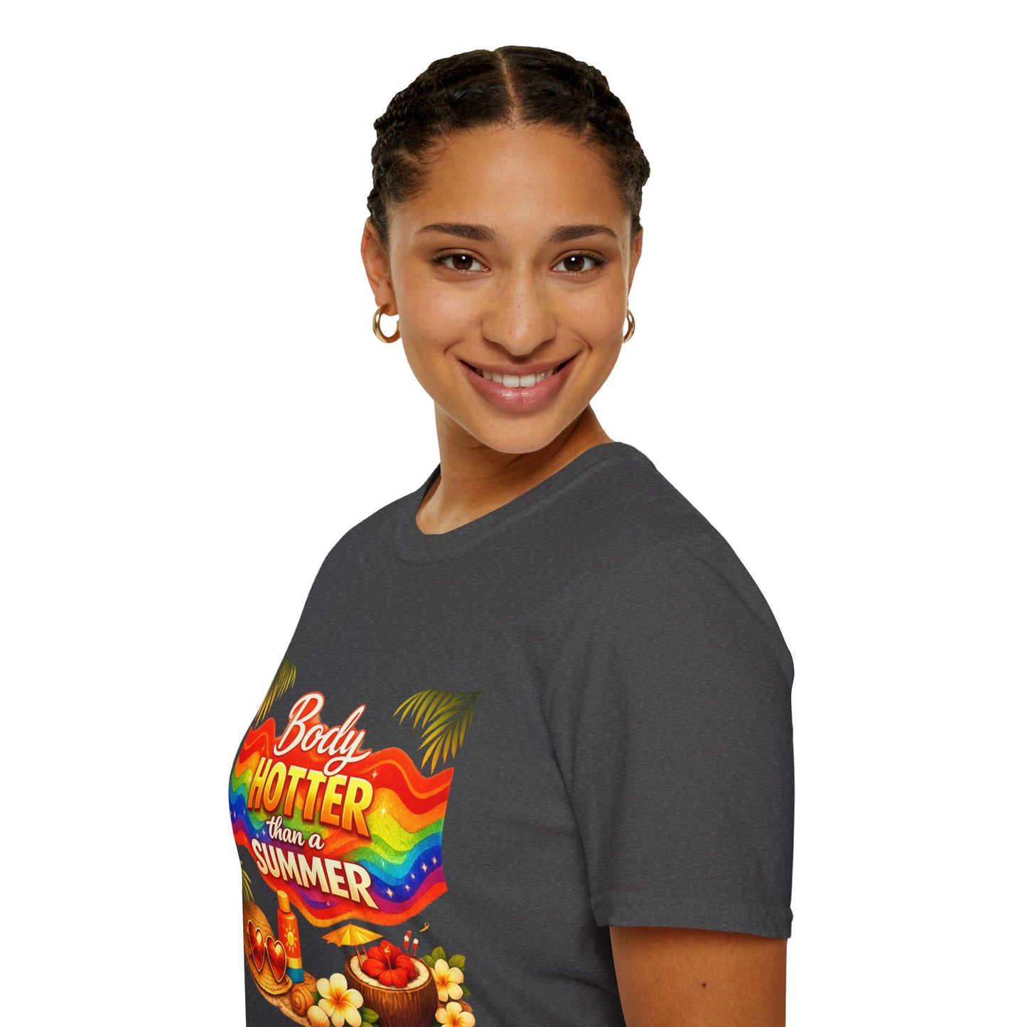 T-Shirt — "Body Hotter Than a Summer" Retro Rainbow Beach Graphic