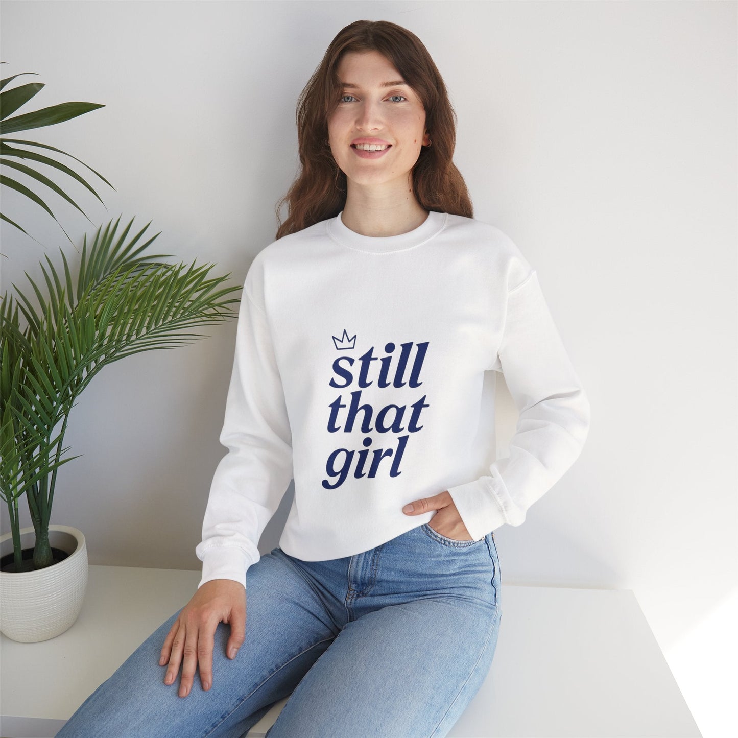 Crewneck Sweatshirt – "still that girl" Navy Script Cozy Pullover Printify