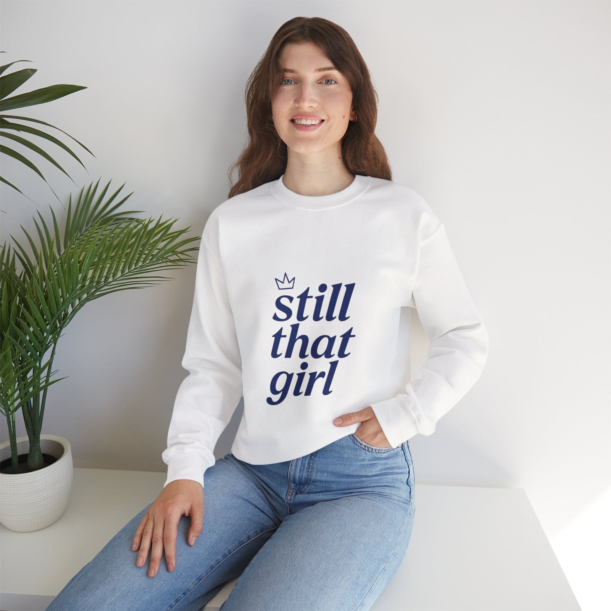 Crewneck Sweatshirt – "still that girl" Navy Script Cozy Pullover Printify