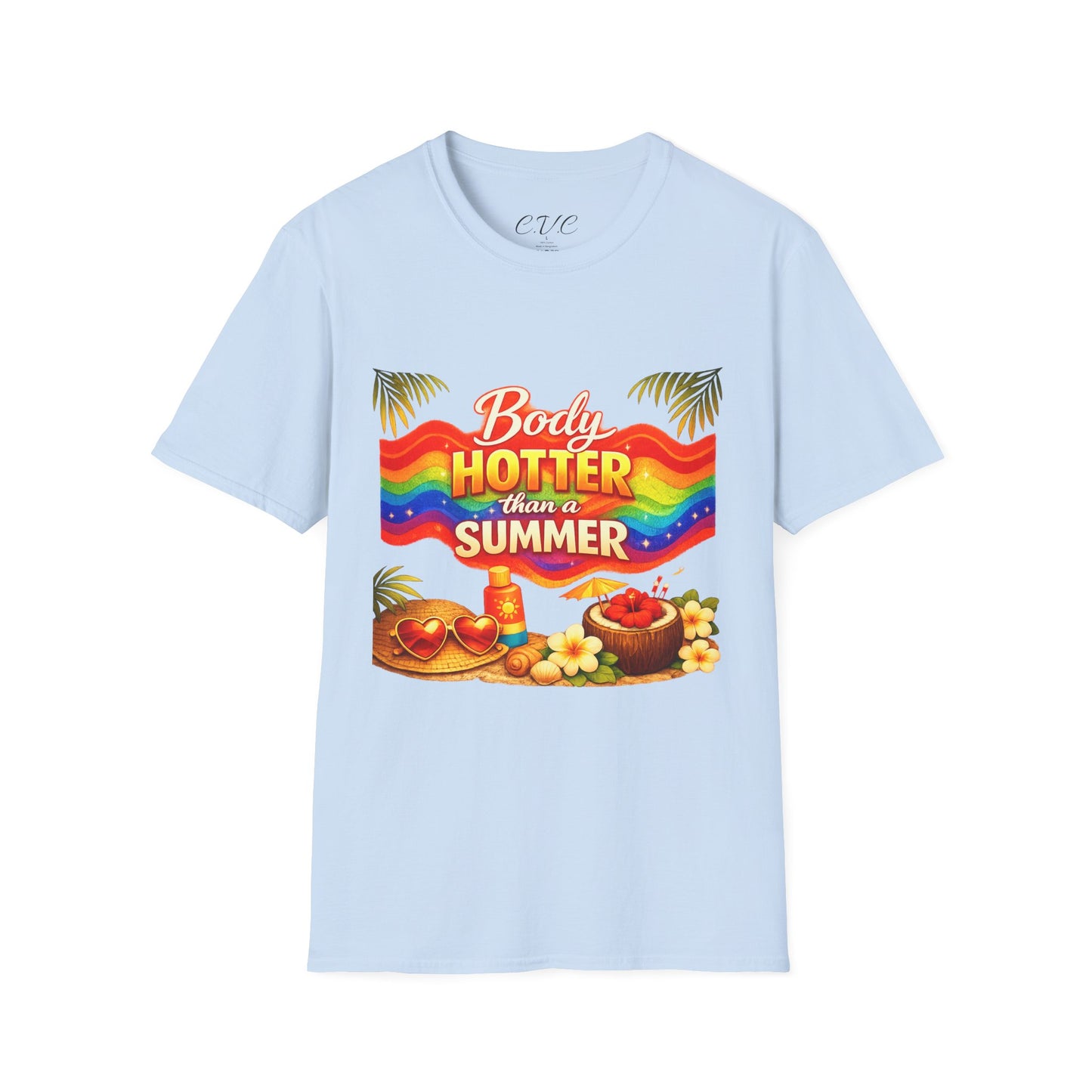 T-Shirt — "Body Hotter Than a Summer" Retro Rainbow Beach Graphic