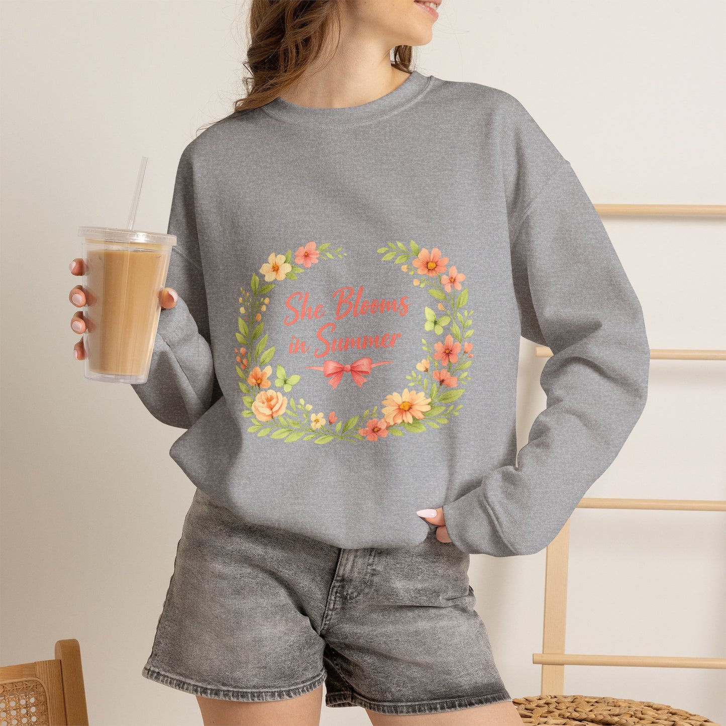 She Blooms in Summer Crewneck Sweatshirt — Floral Summer Vibes