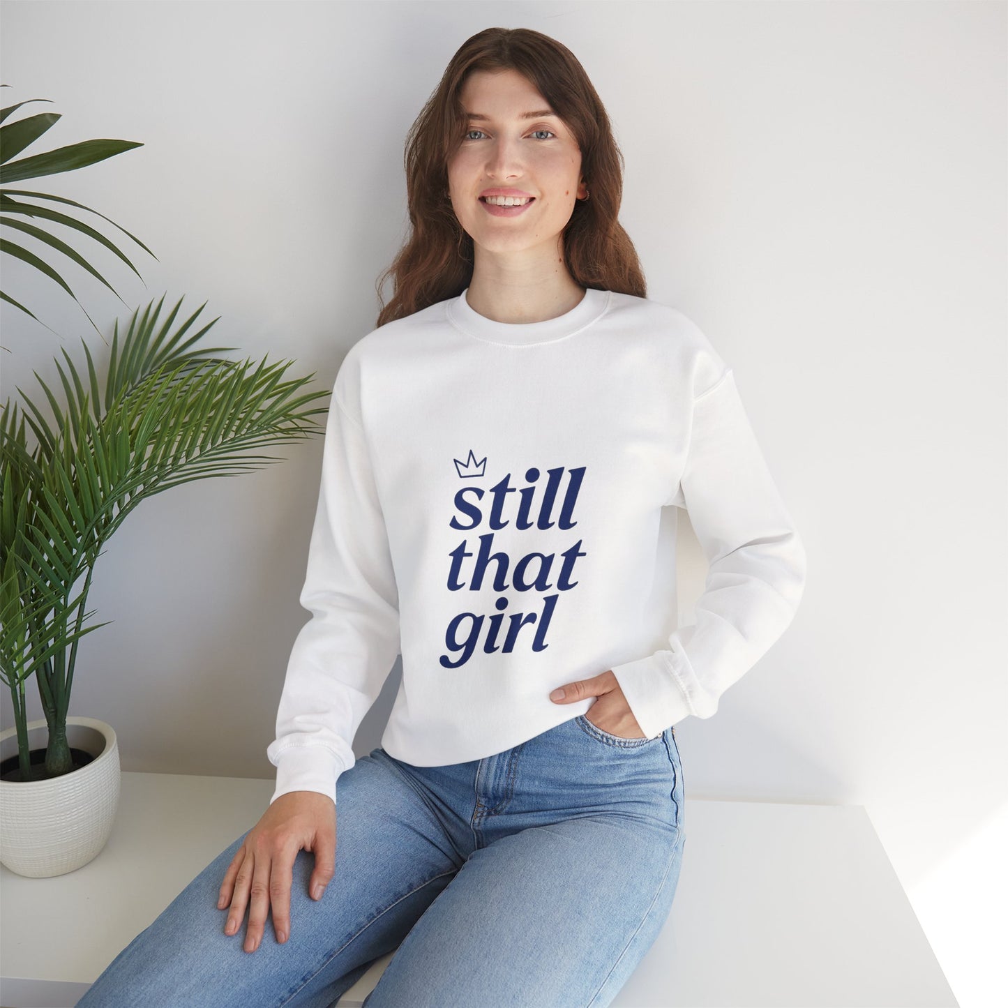 "still that girl" Navy Script Cozy Pullover