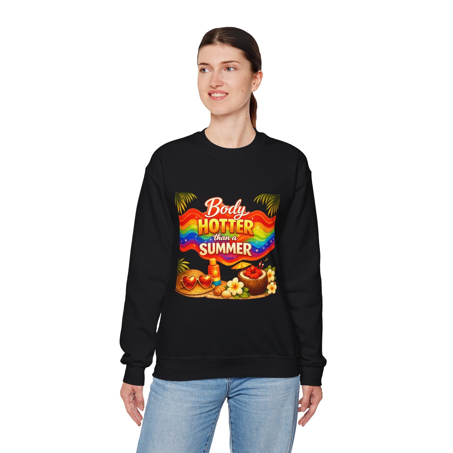 Crewneck Sweatshirt — "Body Hotter Than a Summer" Retro Rainbow Beach Design