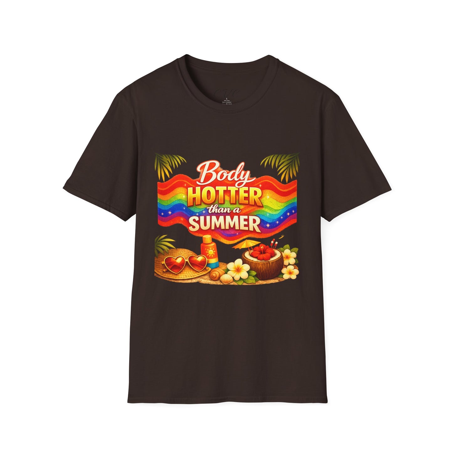 T-Shirt — "Body Hotter Than a Summer" Retro Rainbow Beach Graphic