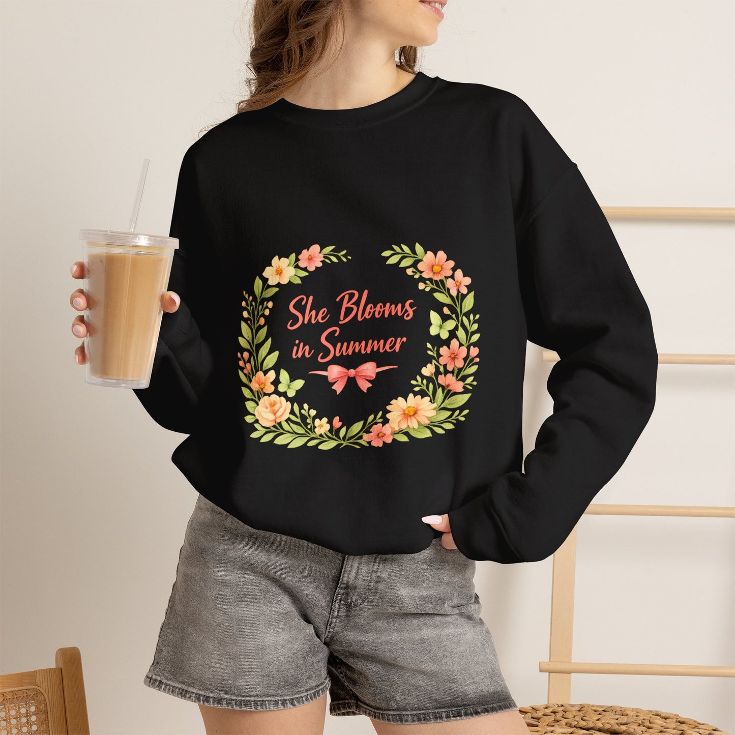 She Blooms in Summer Crewneck Sweatshirt — Floral Summer Vibes