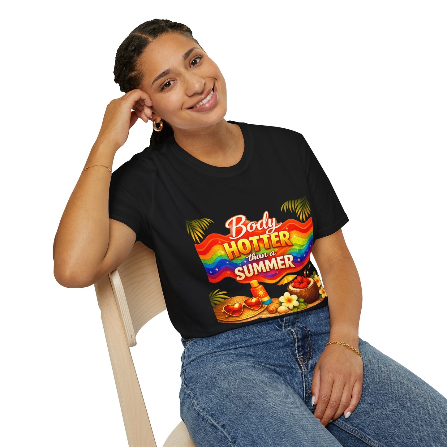 T-Shirt — "Body Hotter Than a Summer" Retro Rainbow Beach Graphic