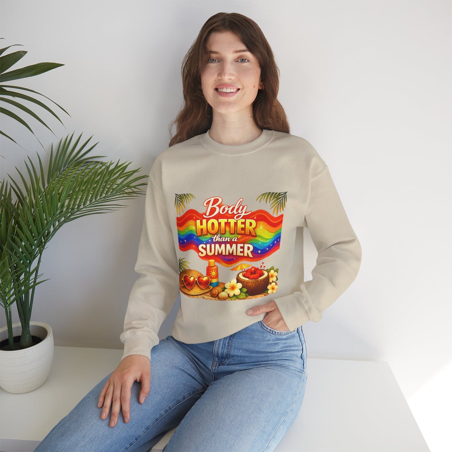 Crewneck Sweatshirt — "Body Hotter Than a Summer" Retro Rainbow Beach Design