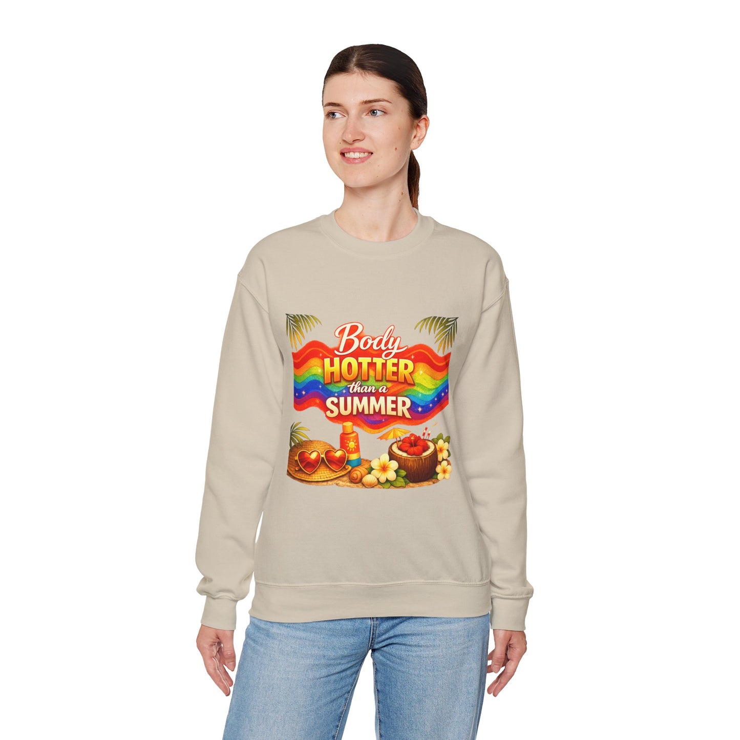 Crewneck Sweatshirt — "Body Hotter Than a Summer" Retro Rainbow Beach Design