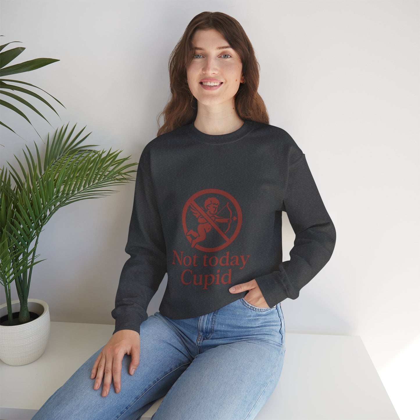 Not Today Cupid sweatshirt | anti-valentine crewneck, funny cupid graphic
