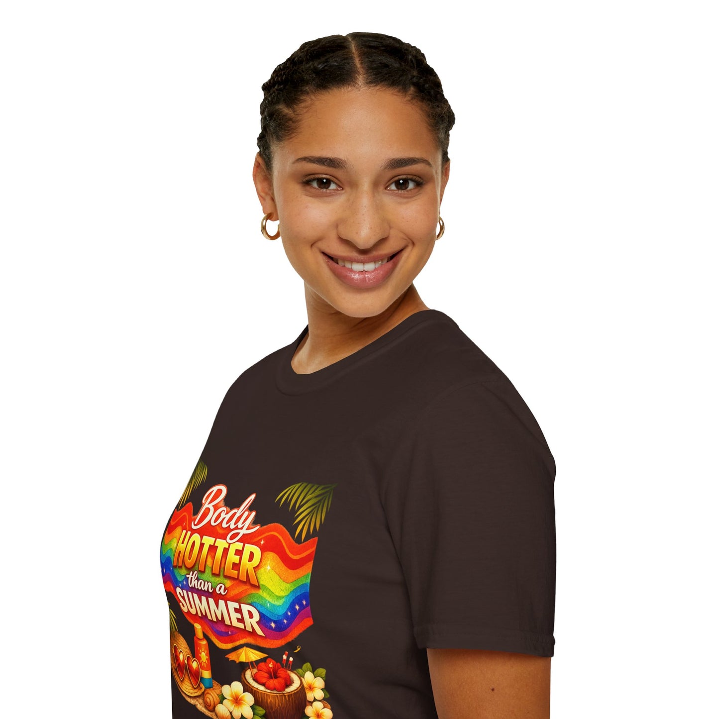 T-Shirt — "Body Hotter Than a Summer" Retro Rainbow Beach Graphic