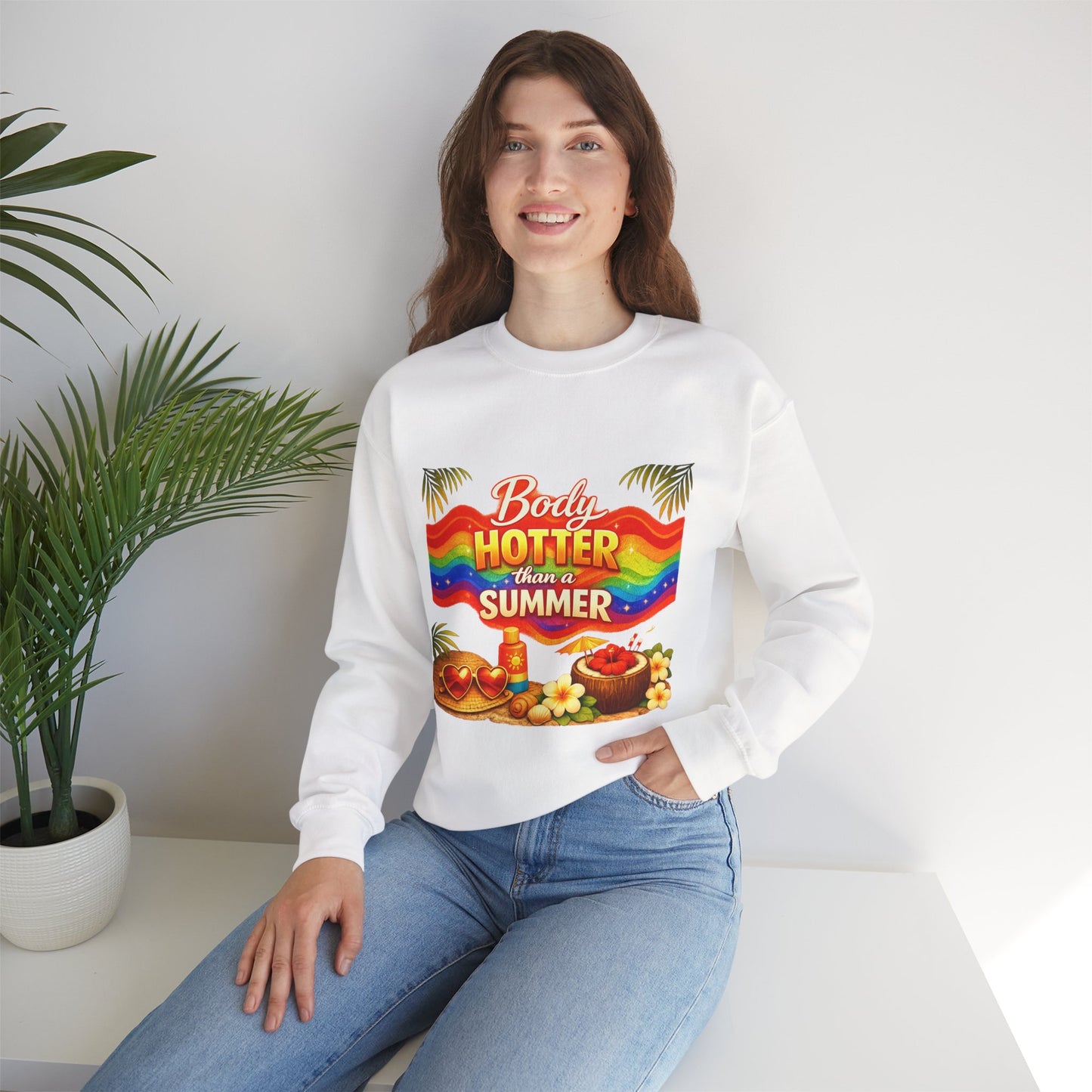 Crewneck Sweatshirt — "Body Hotter Than a Summer" Retro Rainbow Beach Design