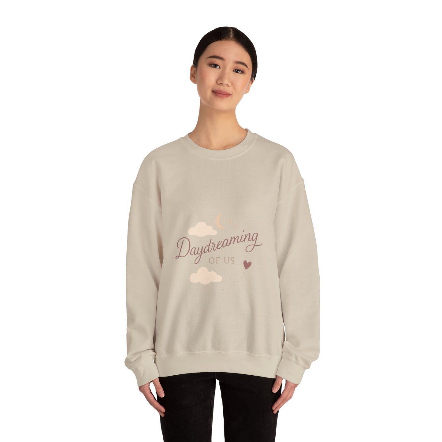 Daydreaming of Us crewneck sweatshirt | moon, clouds, script text