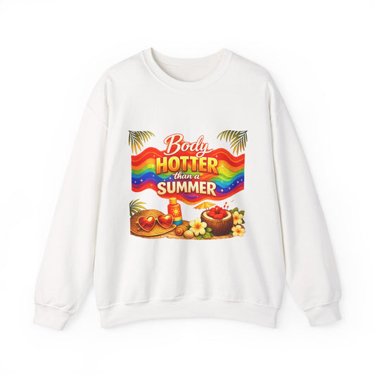 Crewneck Sweatshirt — "Body Hotter Than a Summer" Retro Rainbow Beach Design