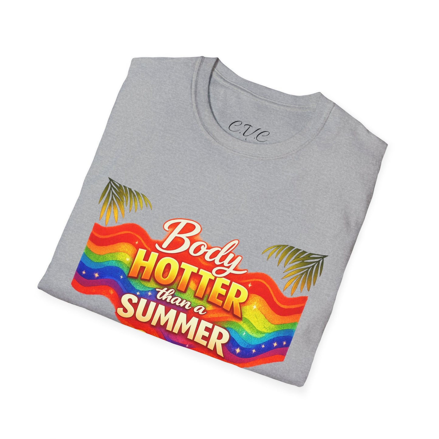 T-Shirt — "Body Hotter Than a Summer" Retro Rainbow Beach Graphic