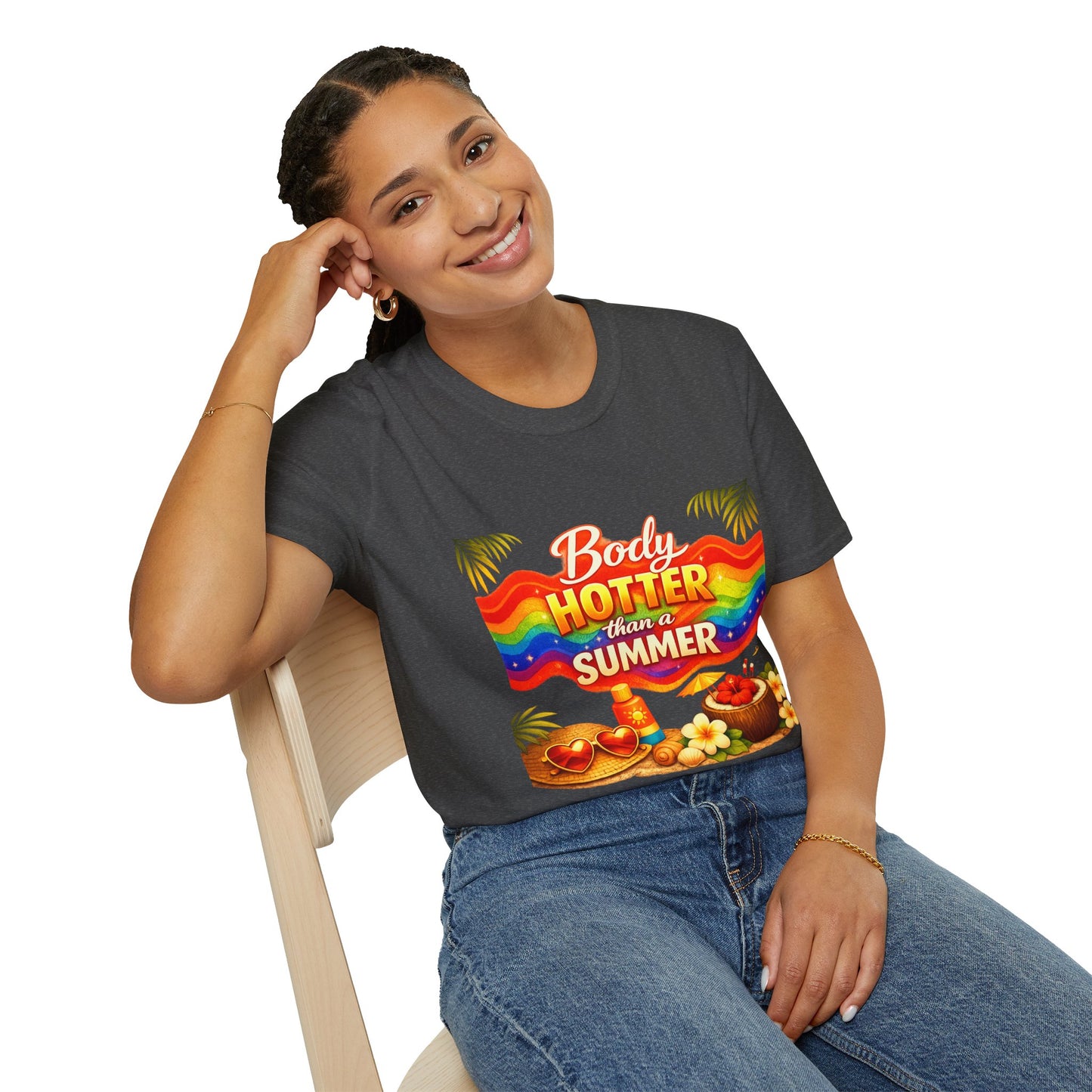 T-Shirt — "Body Hotter Than a Summer" Retro Rainbow Beach Graphic