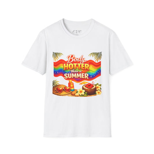 T-Shirt — "Body Hotter Than a Summer" Retro Rainbow Beach Graphic