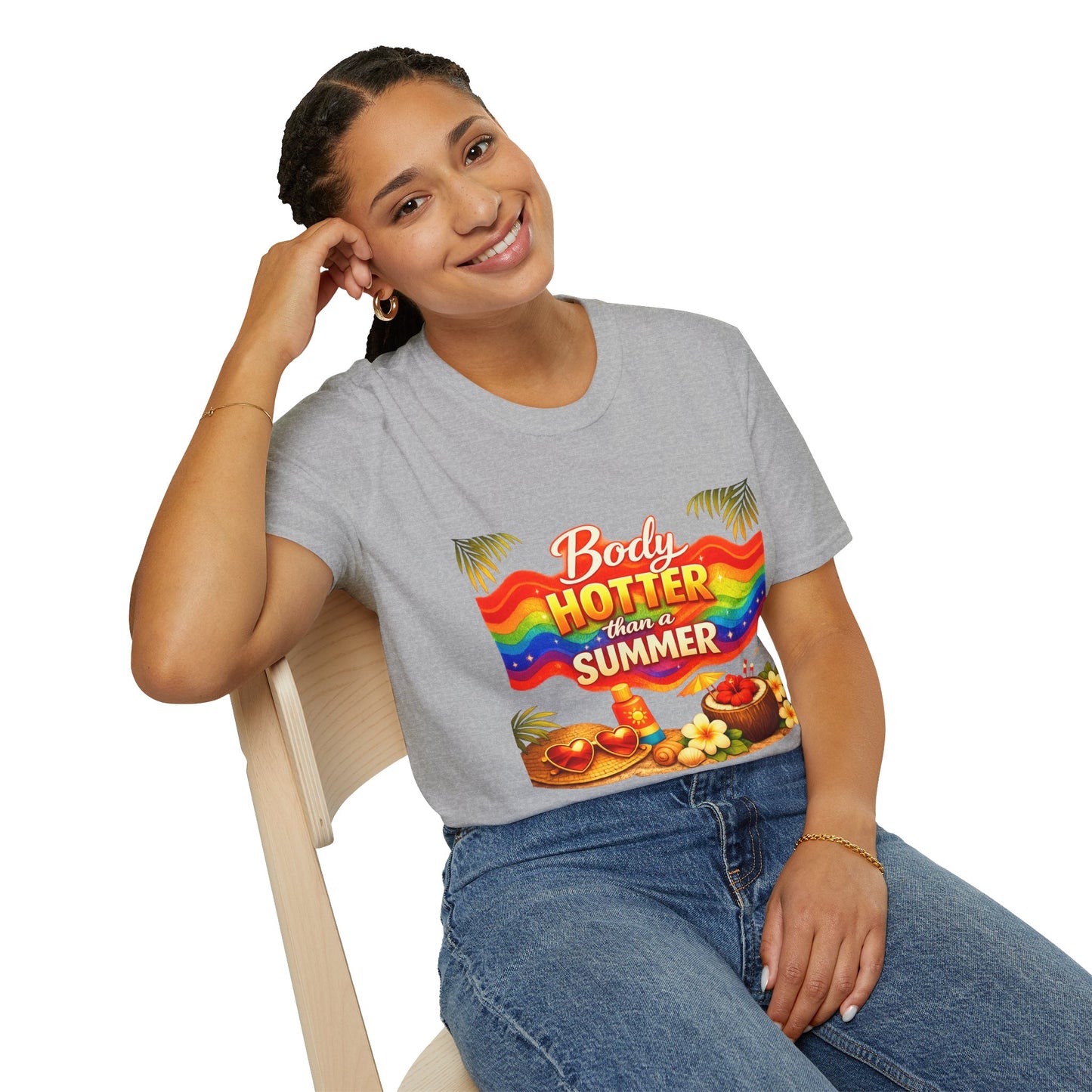 T-Shirt — "Body Hotter Than a Summer" Retro Rainbow Beach Graphic