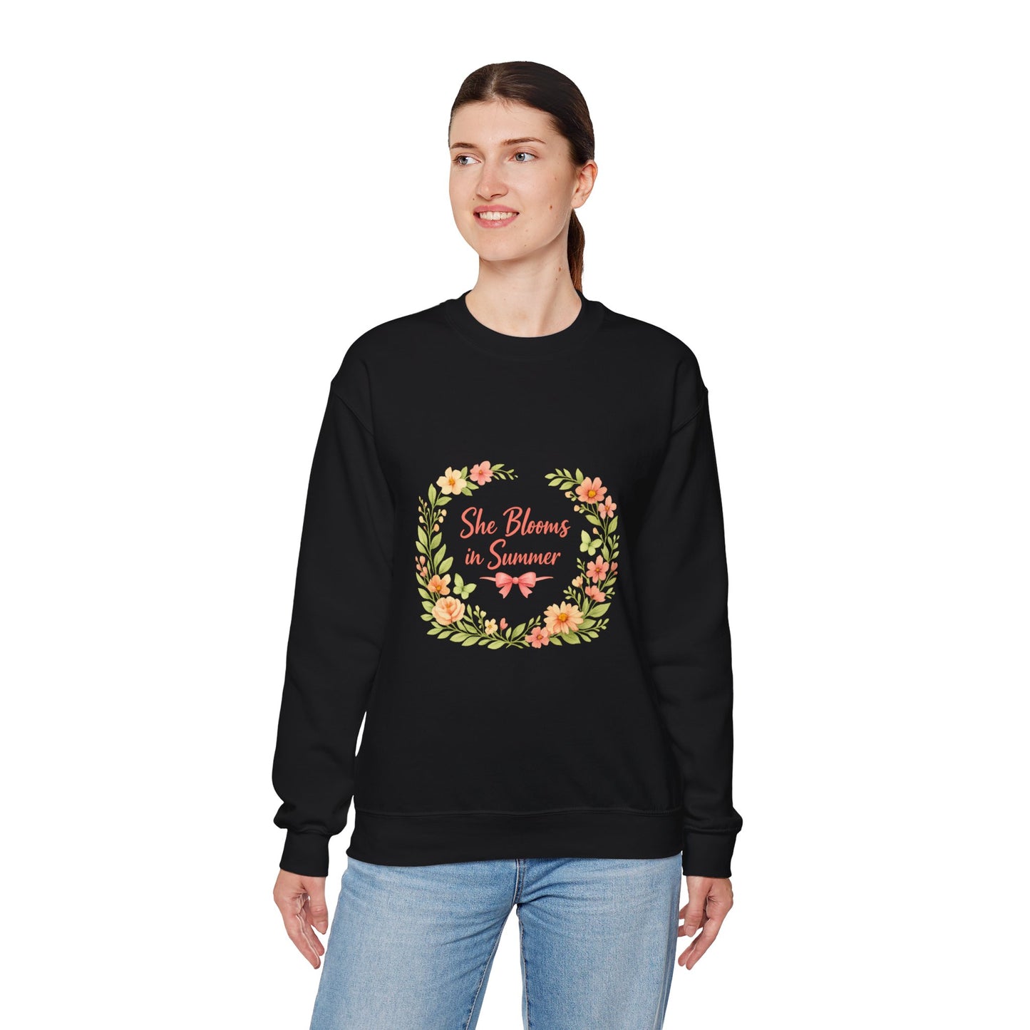 She Blooms in Summer Crewneck Sweatshirt — Floral Summer Vibes