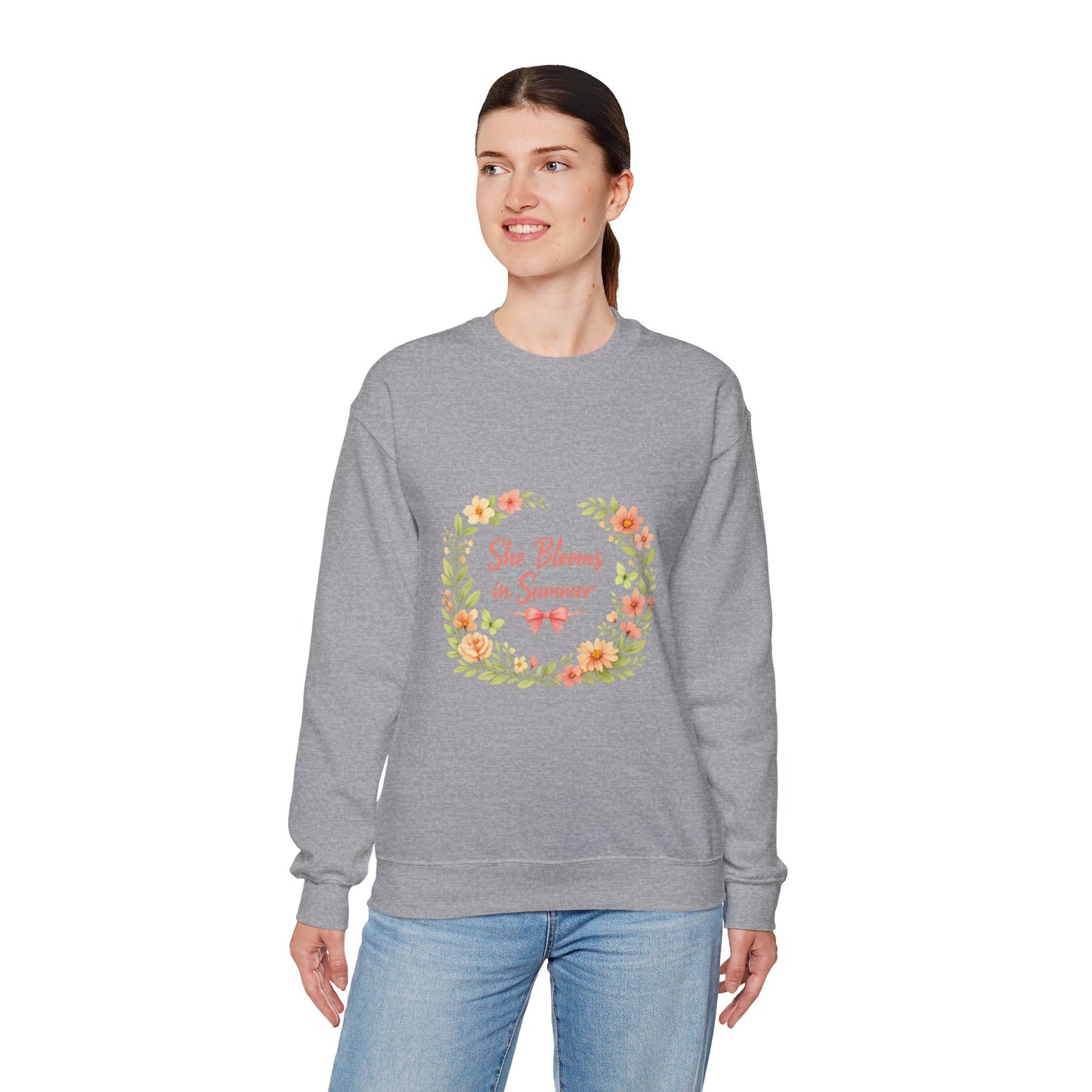 She Blooms in Summer Crewneck Sweatshirt — Floral Summer Vibes