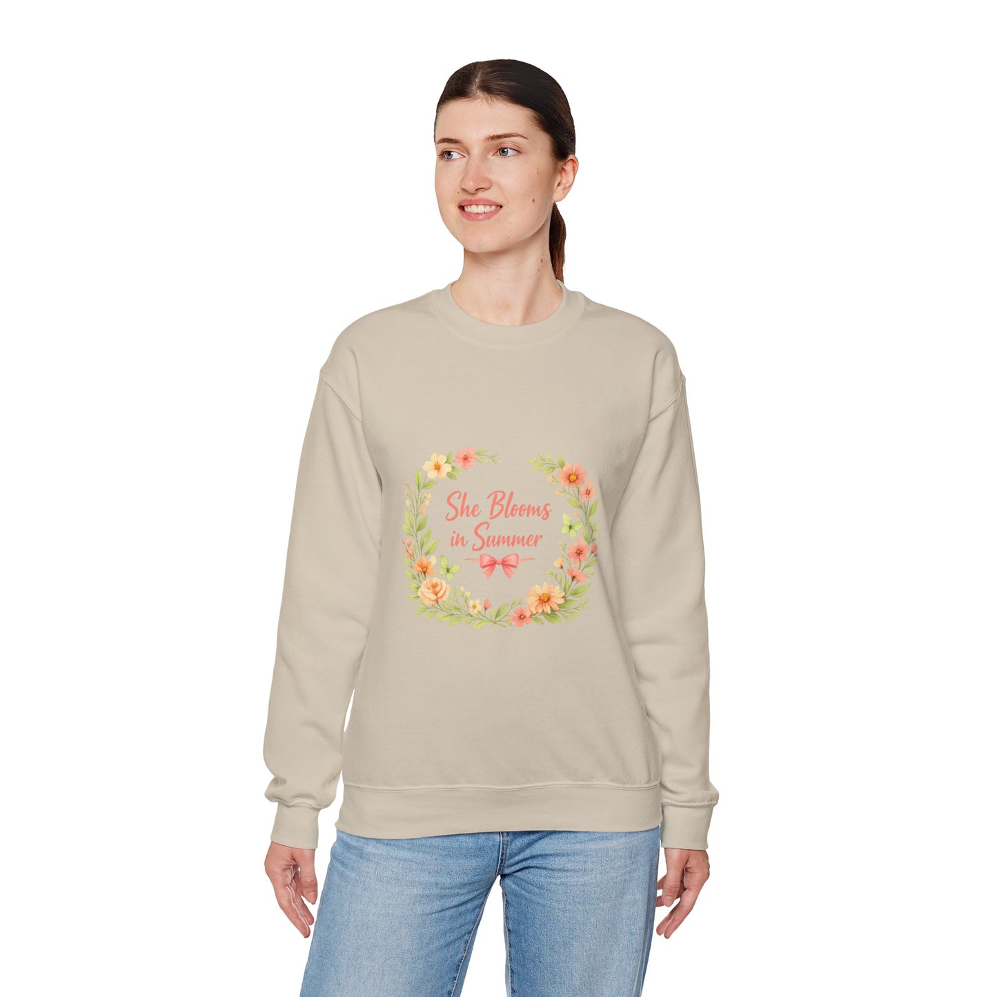 She Blooms in Summer Crewneck Sweatshirt — Floral Summer Vibes