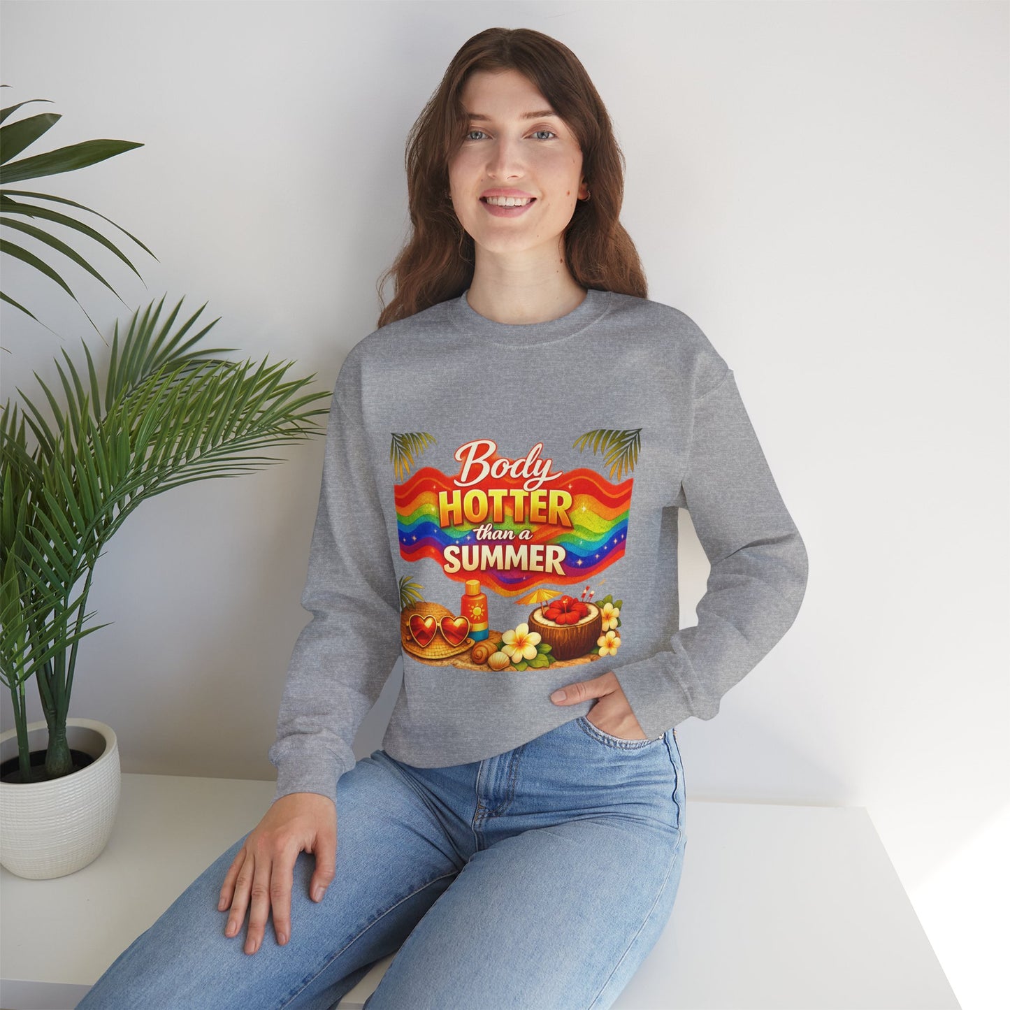 Crewneck Sweatshirt — "Body Hotter Than a Summer" Retro Rainbow Beach Design