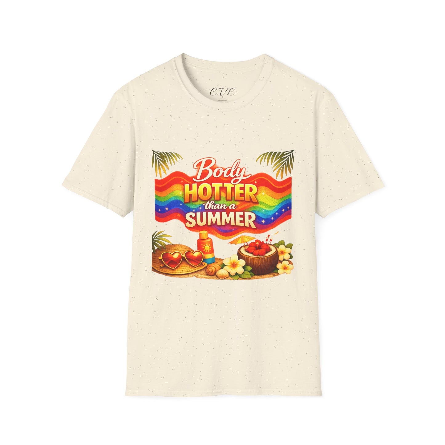 T-Shirt — "Body Hotter Than a Summer" Retro Rainbow Beach Graphic