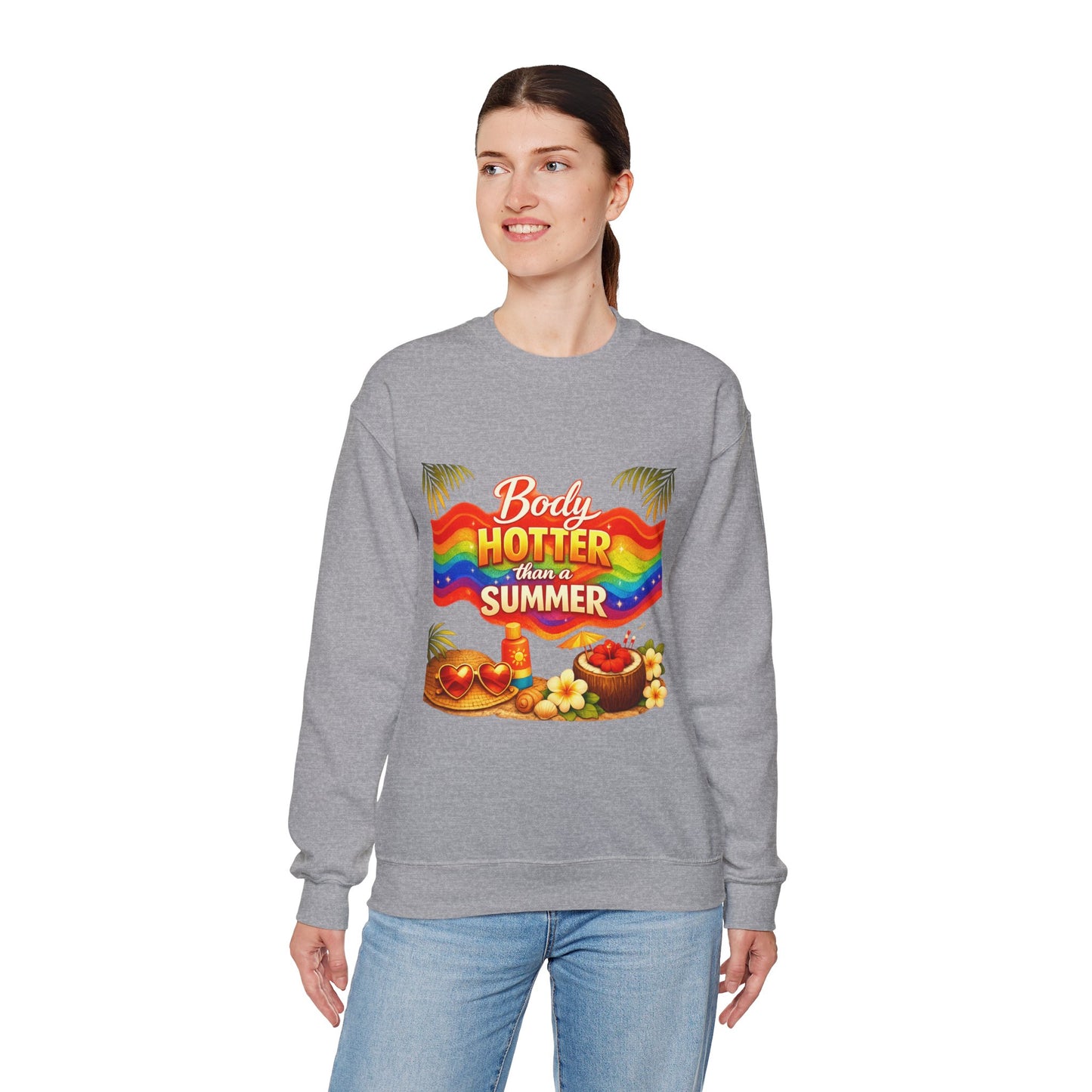 Crewneck Sweatshirt — "Body Hotter Than a Summer" Retro Rainbow Beach Design