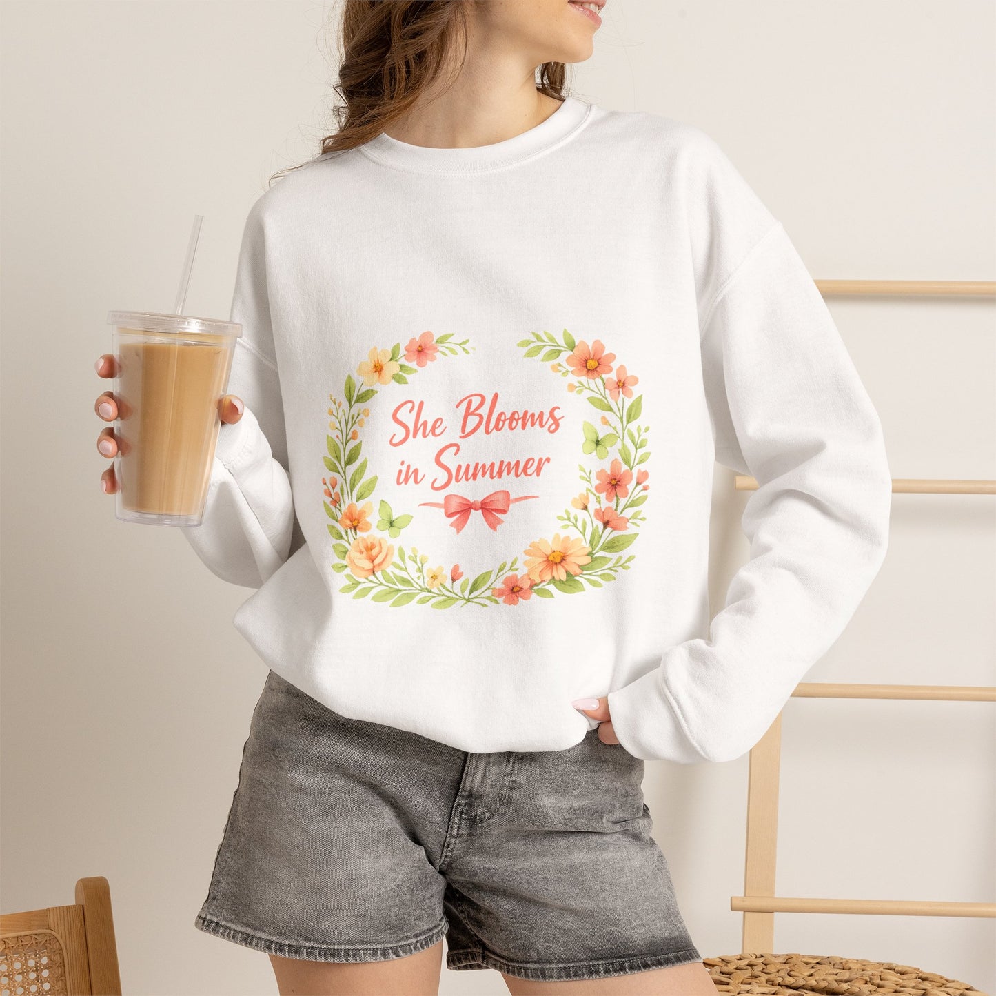 She Blooms in Summer Crewneck Sweatshirt — Floral Summer Vibes