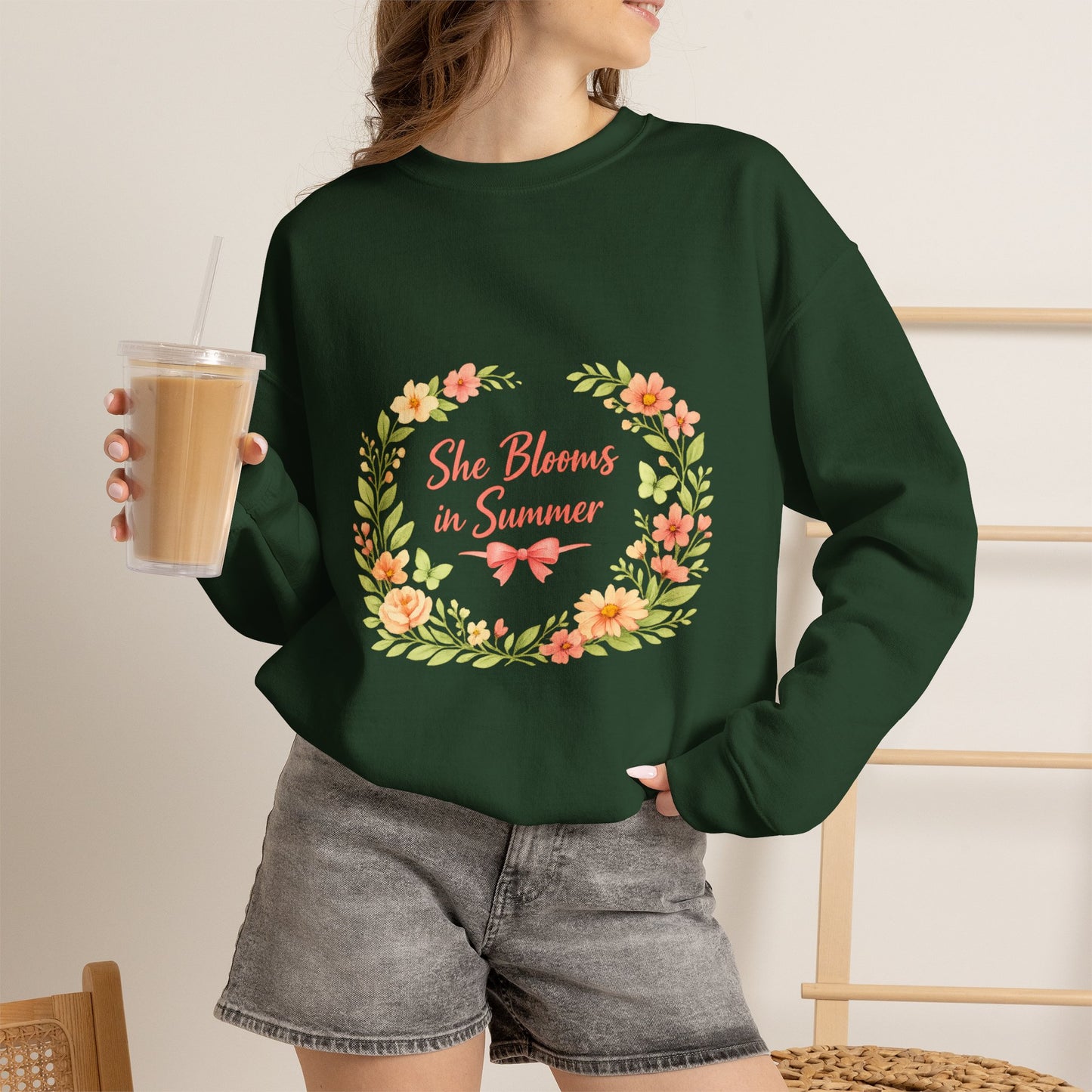 She Blooms in Summer Crewneck Sweatshirt — Floral Summer Vibes