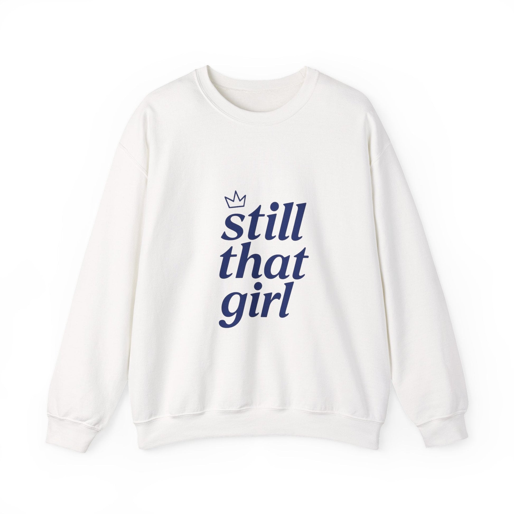 Crewneck Sweatshirt – "still that girl" Navy Script Cozy Pullover Printify