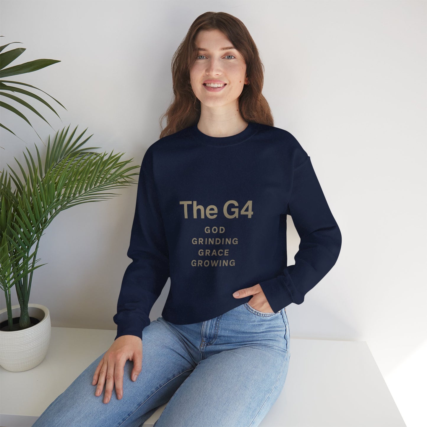 Crewneck Sweatshirt — "The G4: God, Grinding, Grace, Growing" Inspirational Christian Pullover