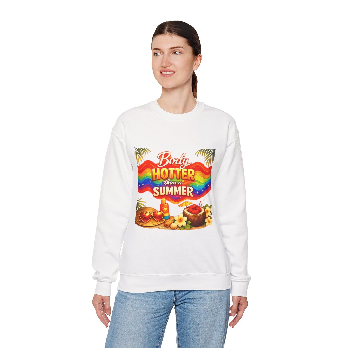 Crewneck Sweatshirt — "Body Hotter Than a Summer" Retro Rainbow Beach Design