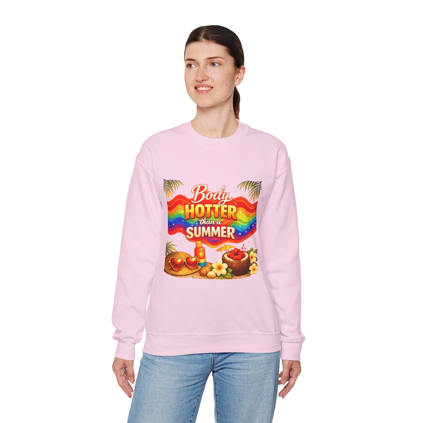 Crewneck Sweatshirt — "Body Hotter Than a Summer" Retro Rainbow Beach Design