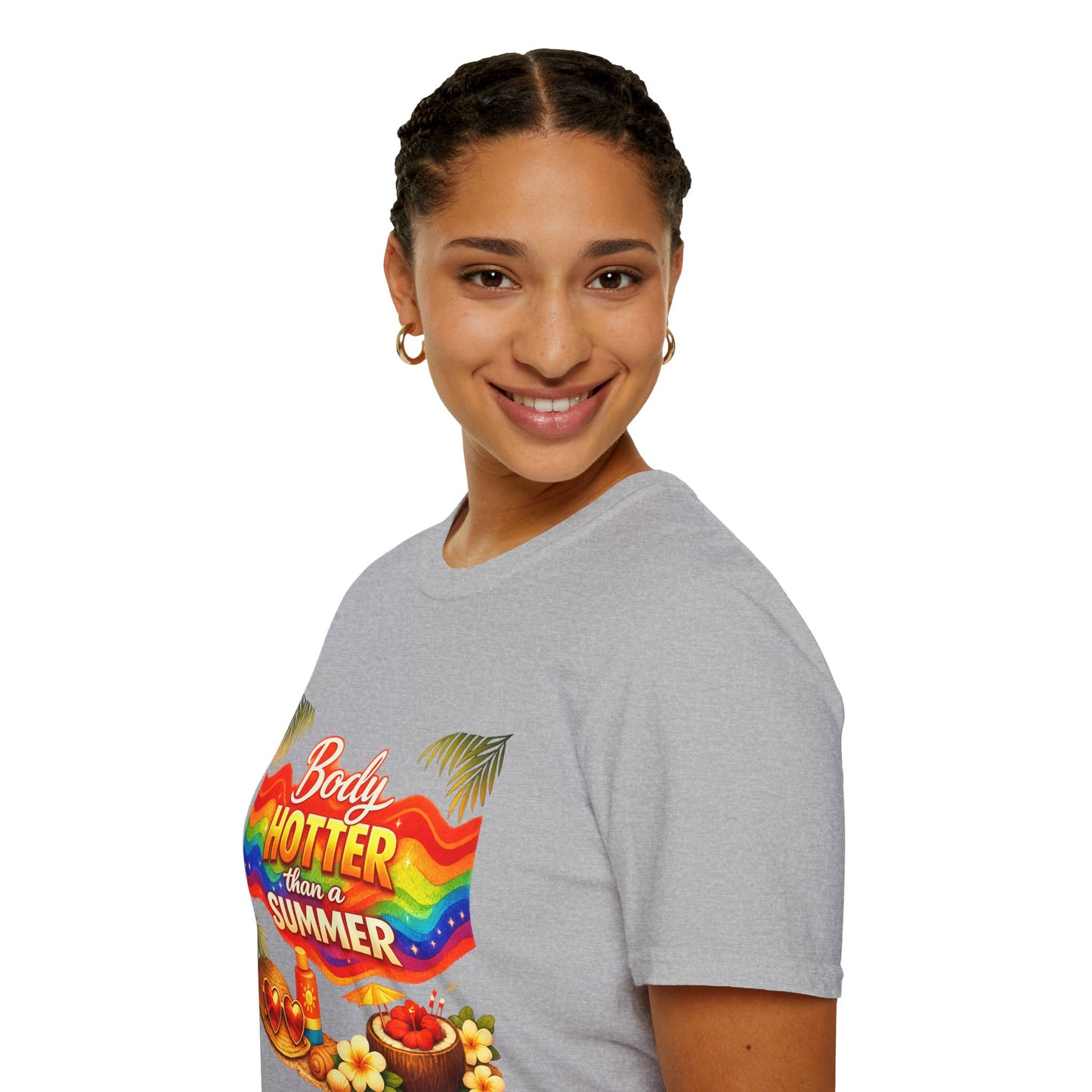 T-Shirt — "Body Hotter Than a Summer" Retro Rainbow Beach Graphic