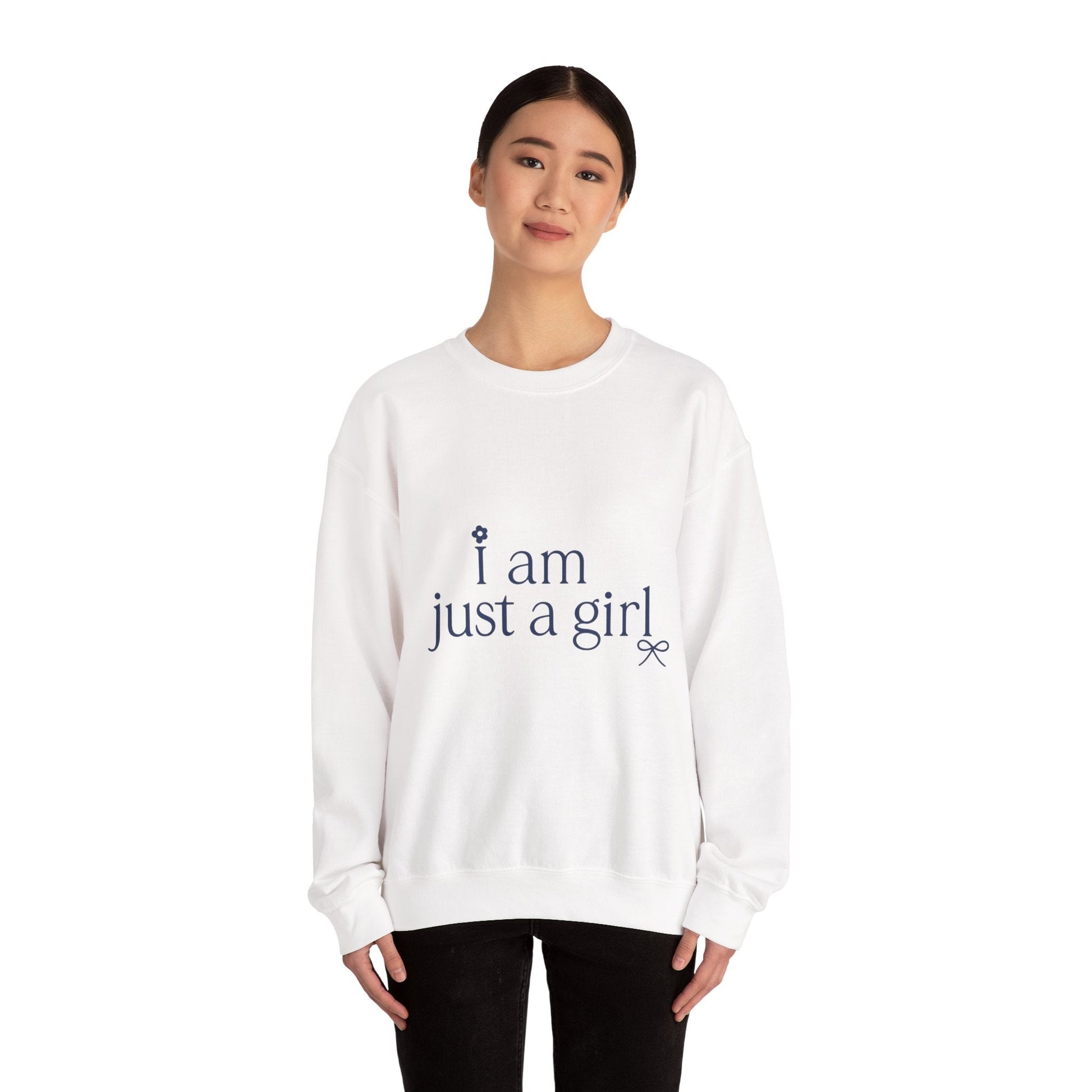 Crewneck Sweatshirt — "I Am Just a Girl" Minimal Feminine Graphic Printify
