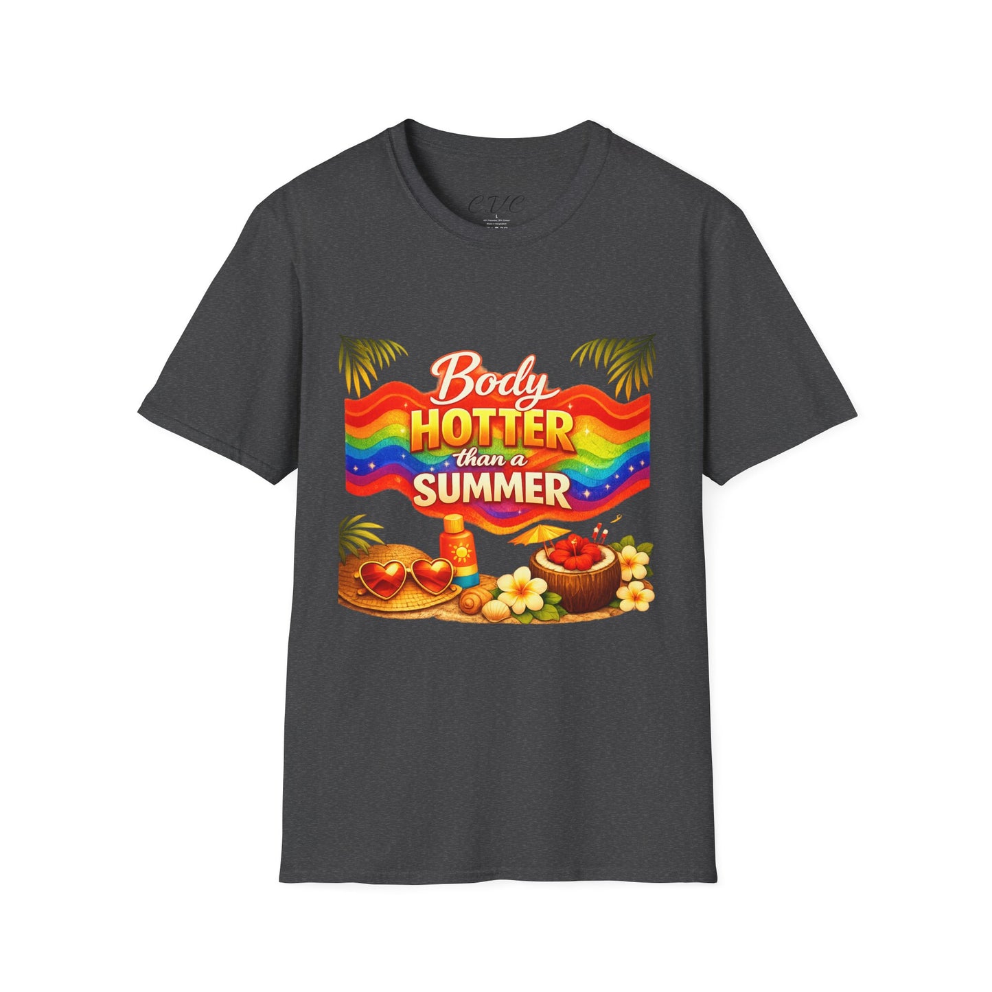 T-Shirt — "Body Hotter Than a Summer" Retro Rainbow Beach Graphic