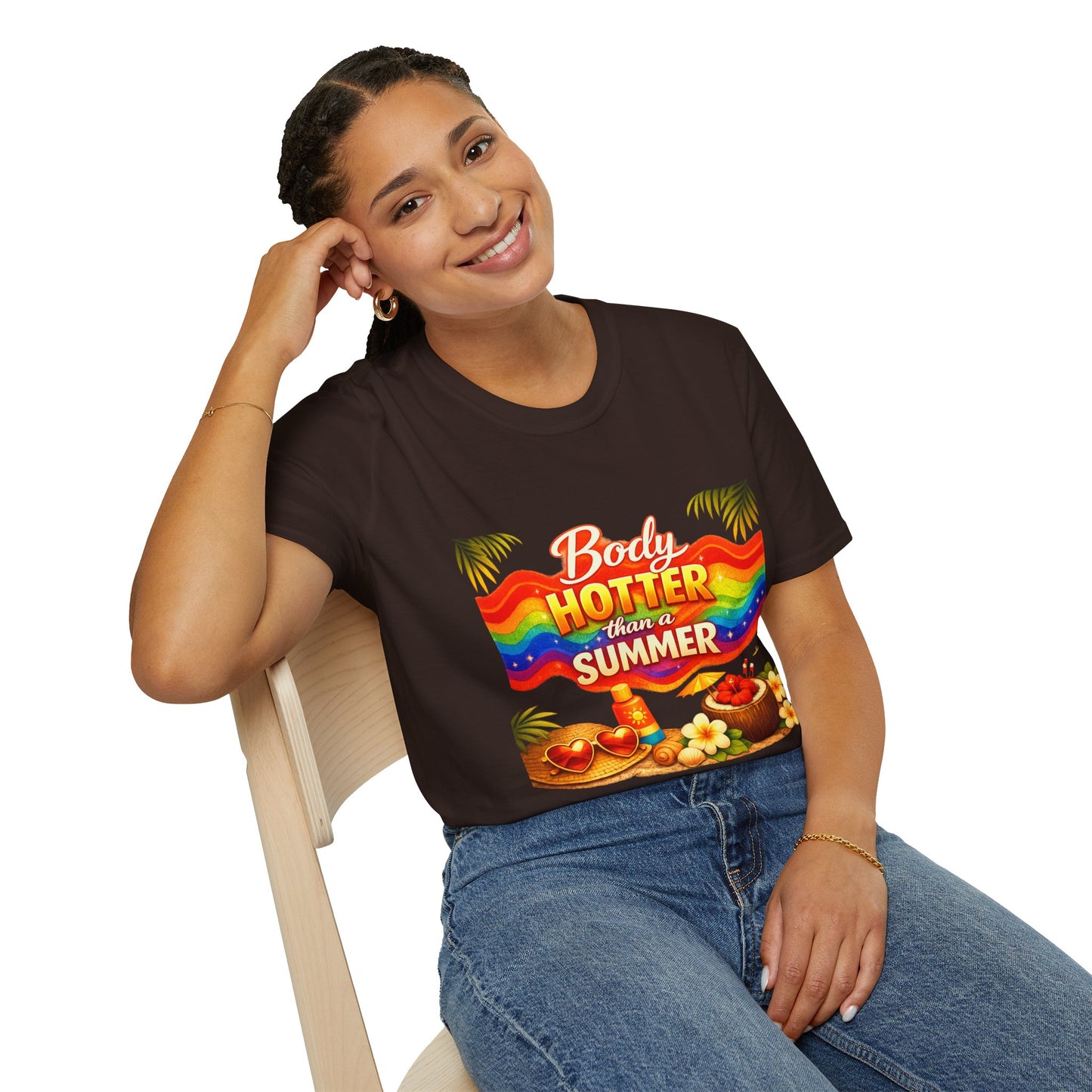 T-Shirt — "Body Hotter Than a Summer" Retro Rainbow Beach Graphic