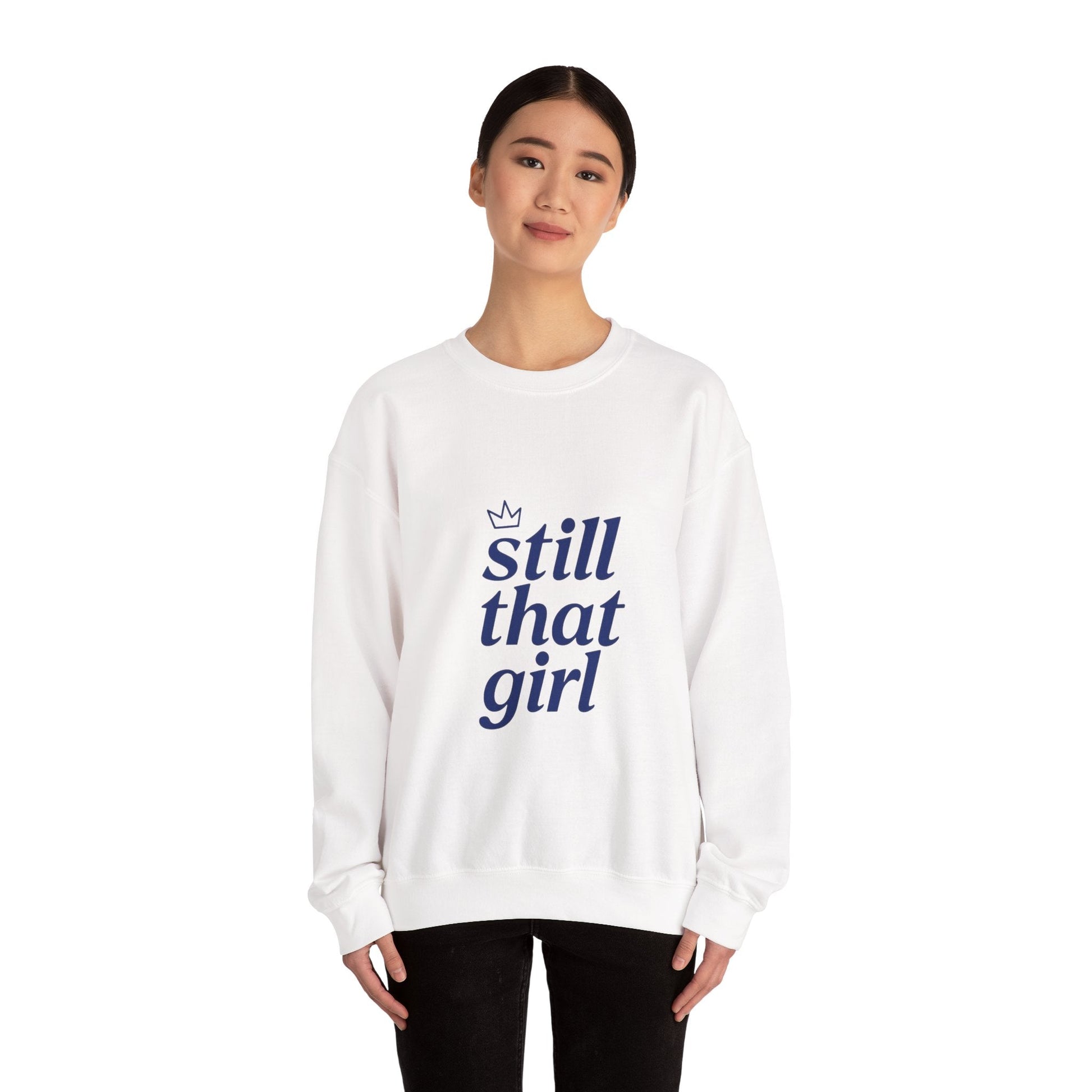 Crewneck Sweatshirt – "still that girl" Navy Script Cozy Pullover Printify