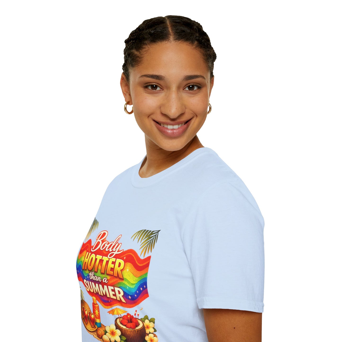 T-Shirt — "Body Hotter Than a Summer" Retro Rainbow Beach Graphic