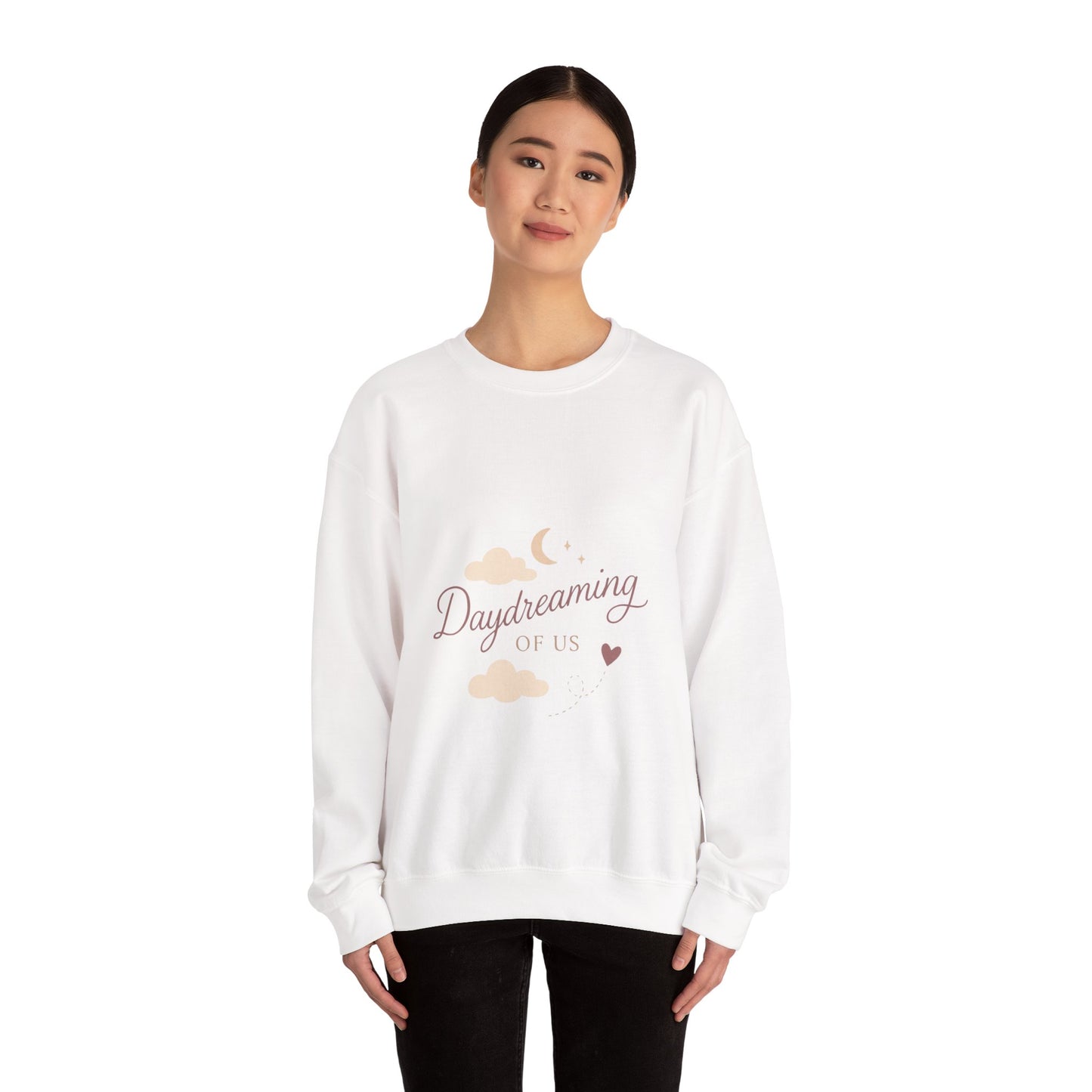 Daydreaming of Us crewneck sweatshirt | moon, clouds, script text
