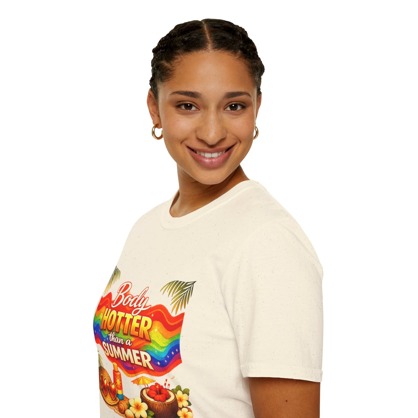 T-Shirt — "Body Hotter Than a Summer" Retro Rainbow Beach Graphic