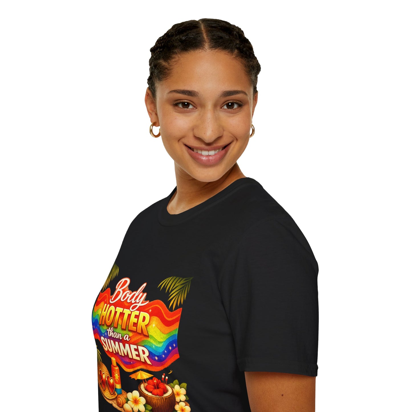 T-Shirt — "Body Hotter Than a Summer" Retro Rainbow Beach Graphic