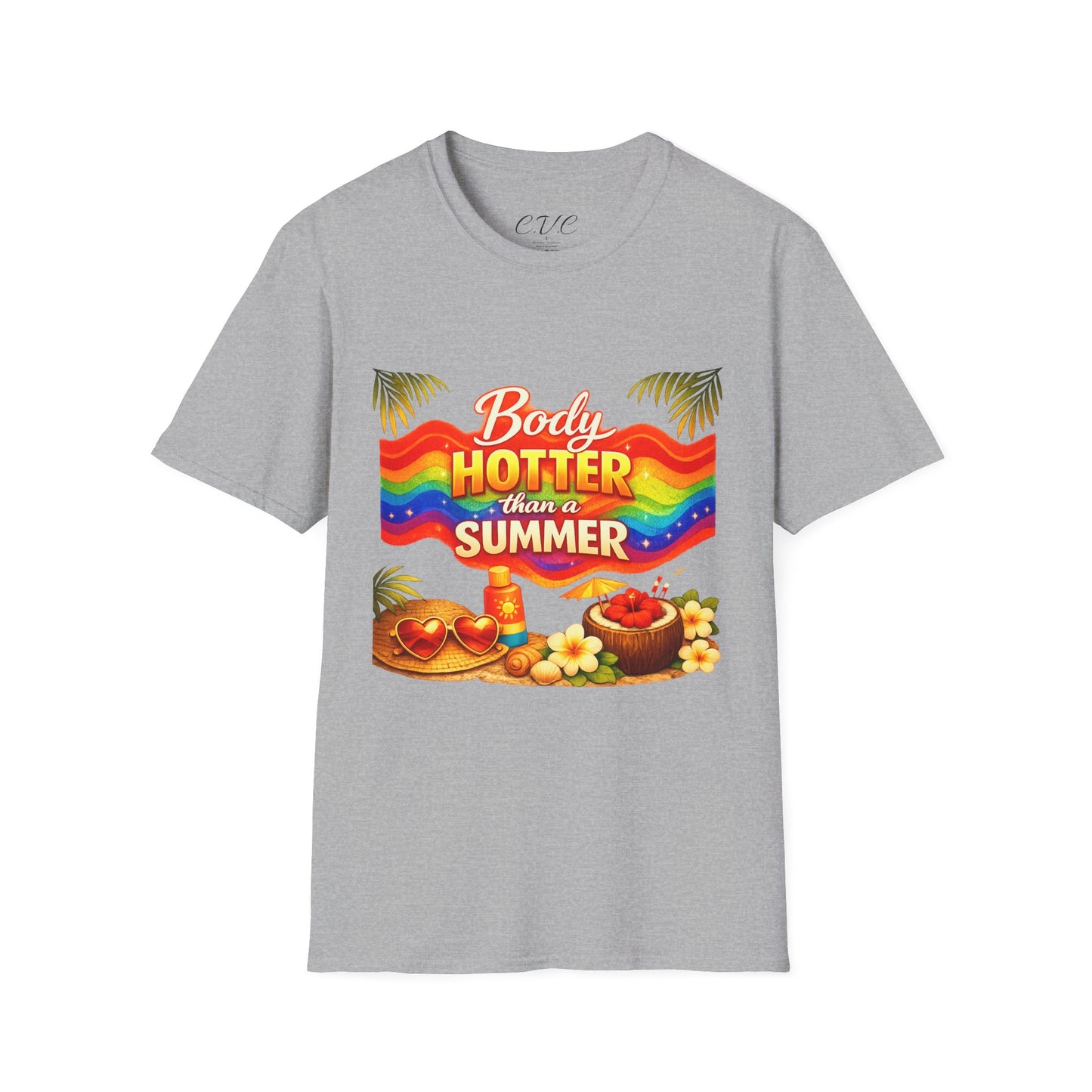 T-Shirt — "Body Hotter Than a Summer" Retro Rainbow Beach Graphic