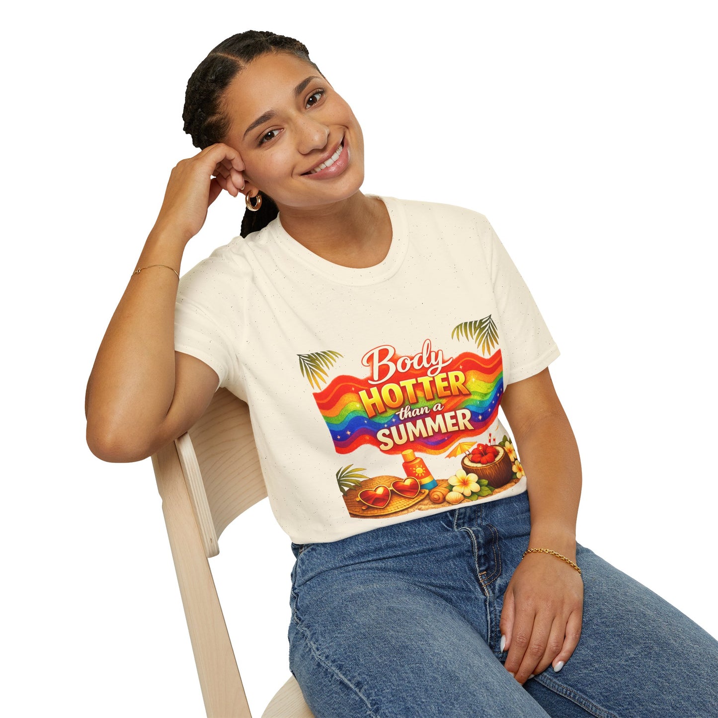 T-Shirt — "Body Hotter Than a Summer" Retro Rainbow Beach Graphic