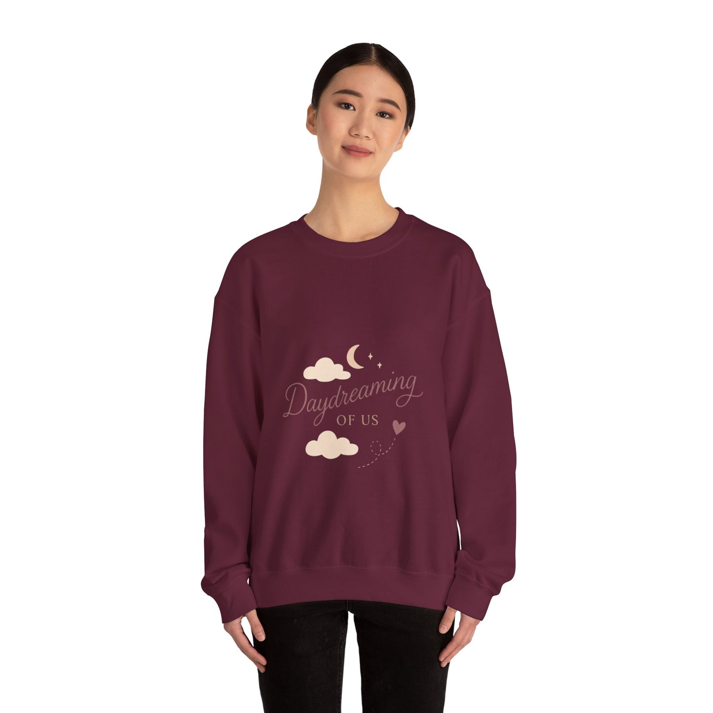 Daydreaming of Us crewneck sweatshirt | moon, clouds, script text