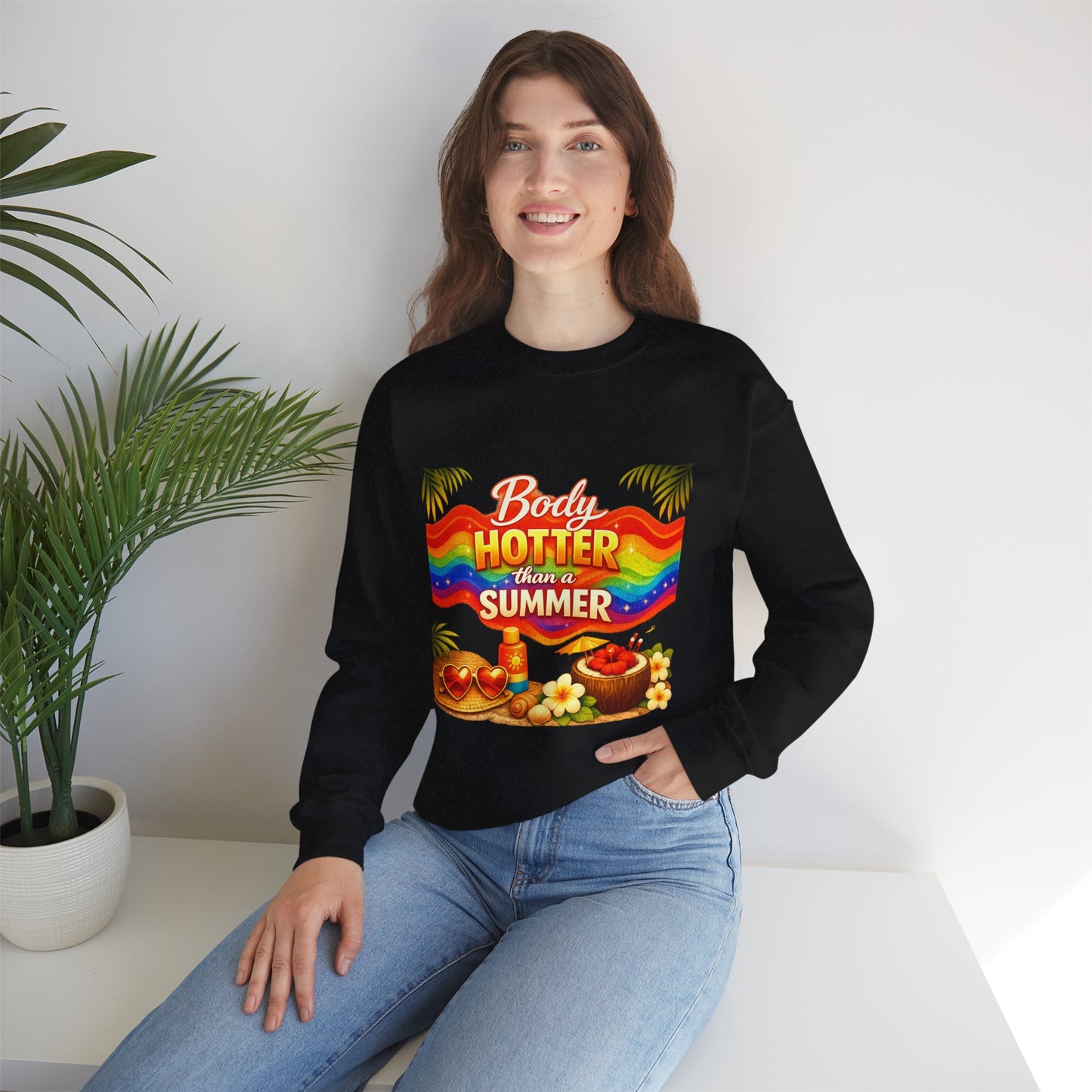 Crewneck Sweatshirt — "Body Hotter Than a Summer" Retro Rainbow Beach Design